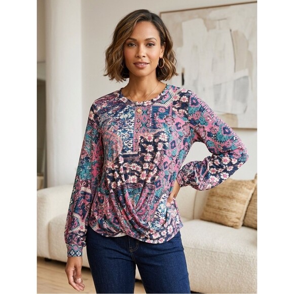 Karen Kane Tops - Karen Kane Pink Multicolor Abstract Print Drape Front Top Size Large Petite NWT